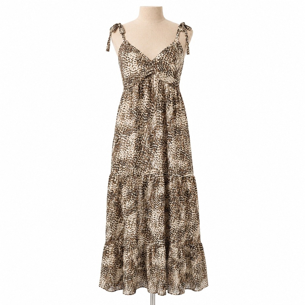 Y2K Express Animal Print Babydoll Maxi Dress Size S Brown Tiered Indie Festival